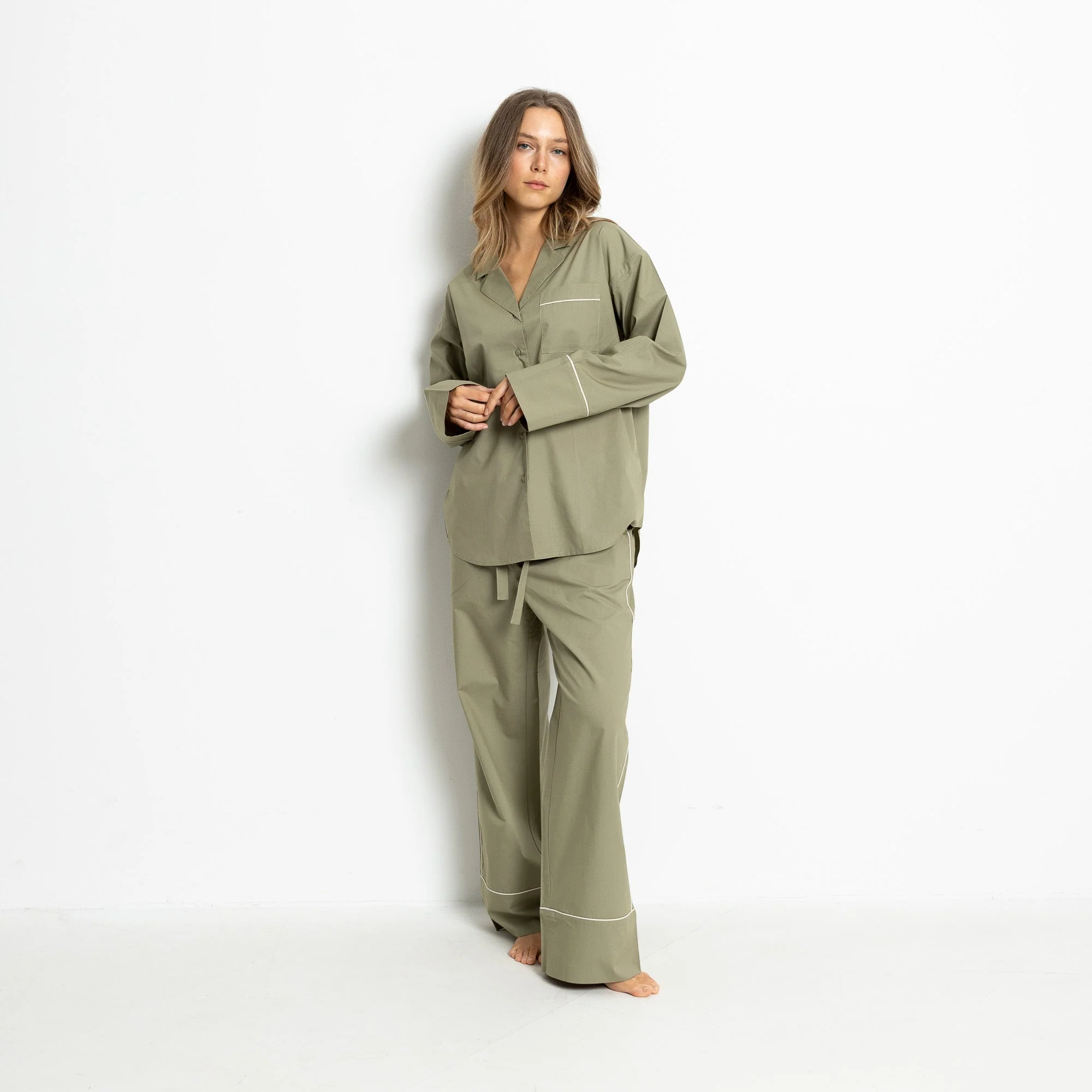 Pyjama Set (Pants + Shirt long sleeve) - solid pale olive - Image 5