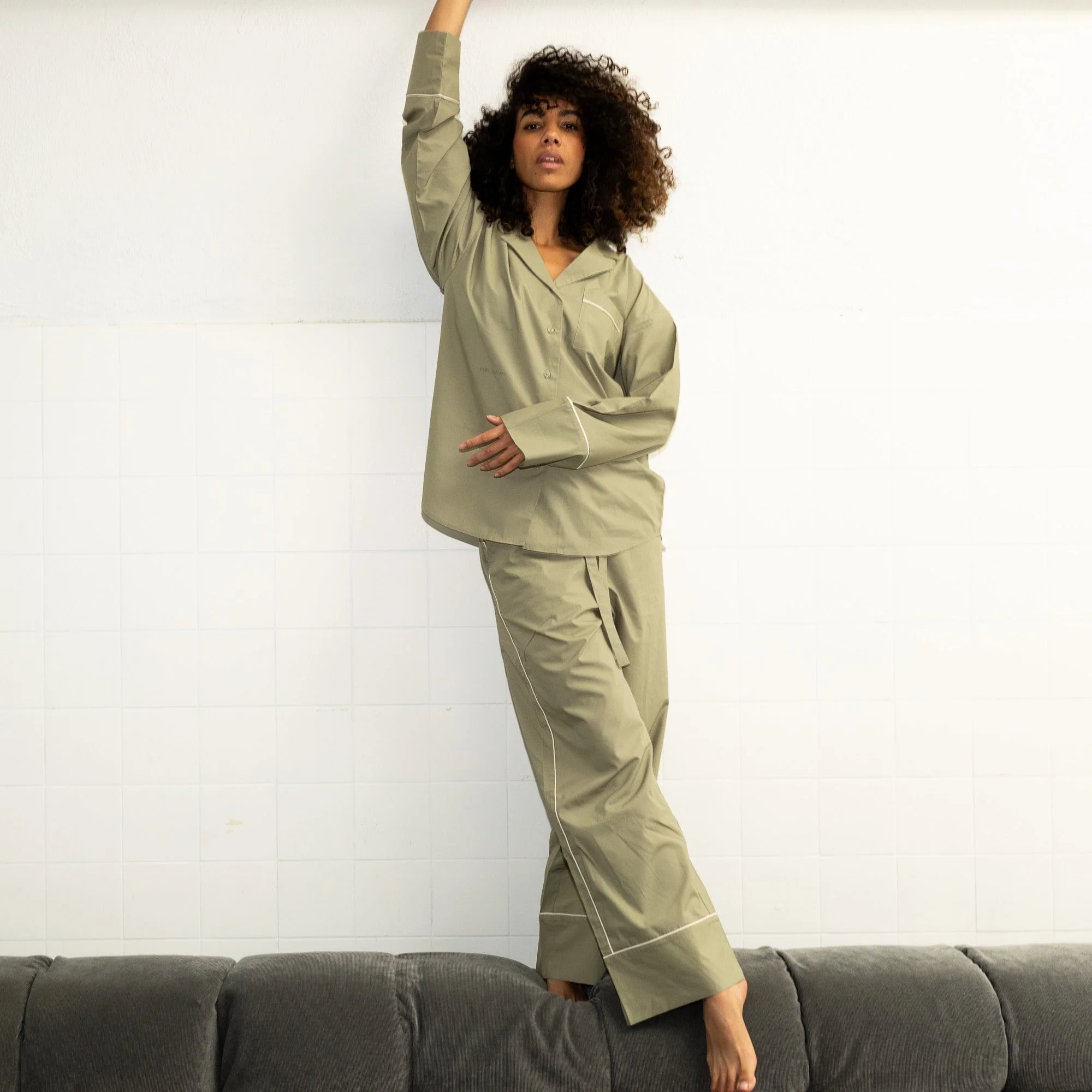 Pyjama Set (Pants + Shirt long sleeve) - solid pale olive - Image 6