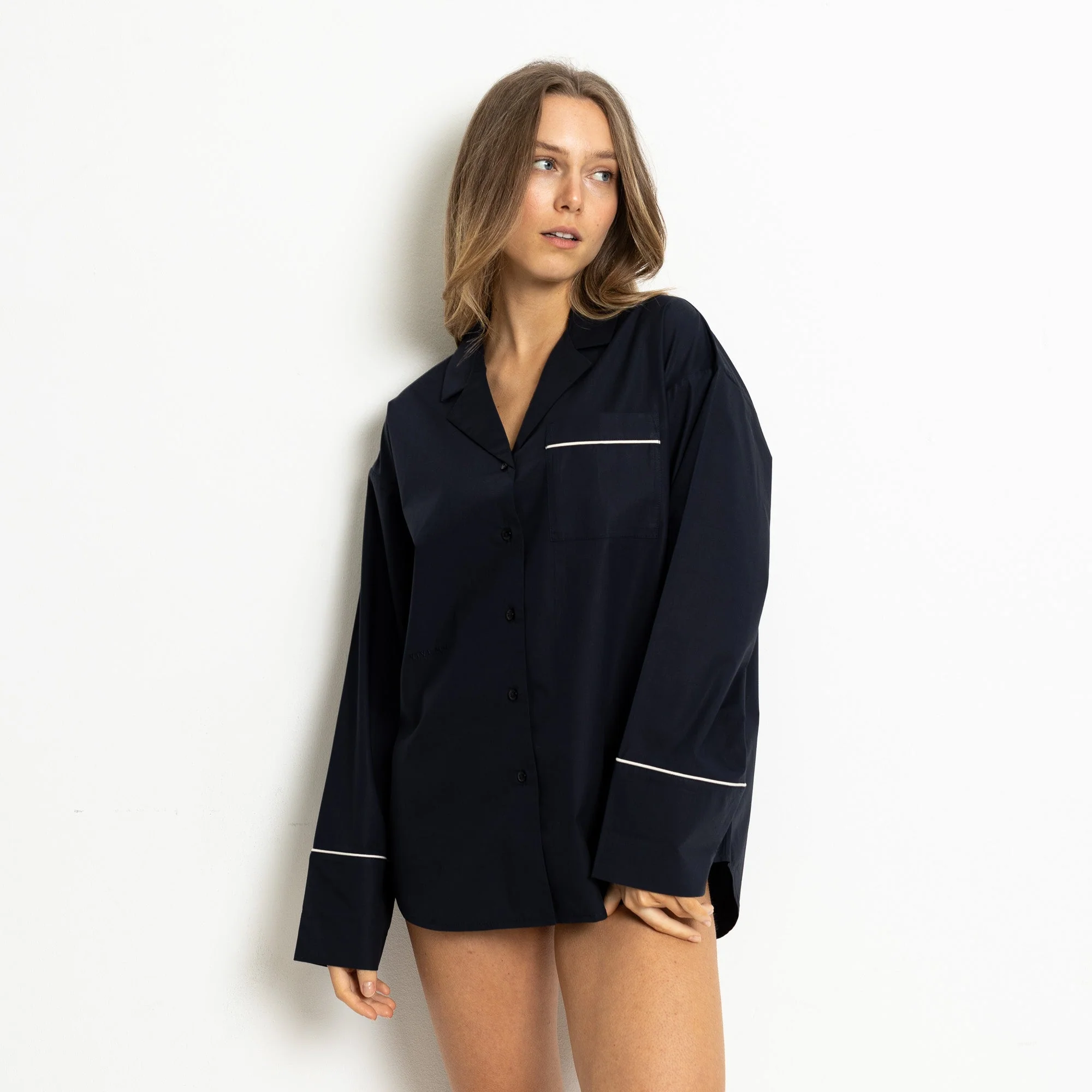 Pyjama Shirt long sleeve - solid navy - Image 3
