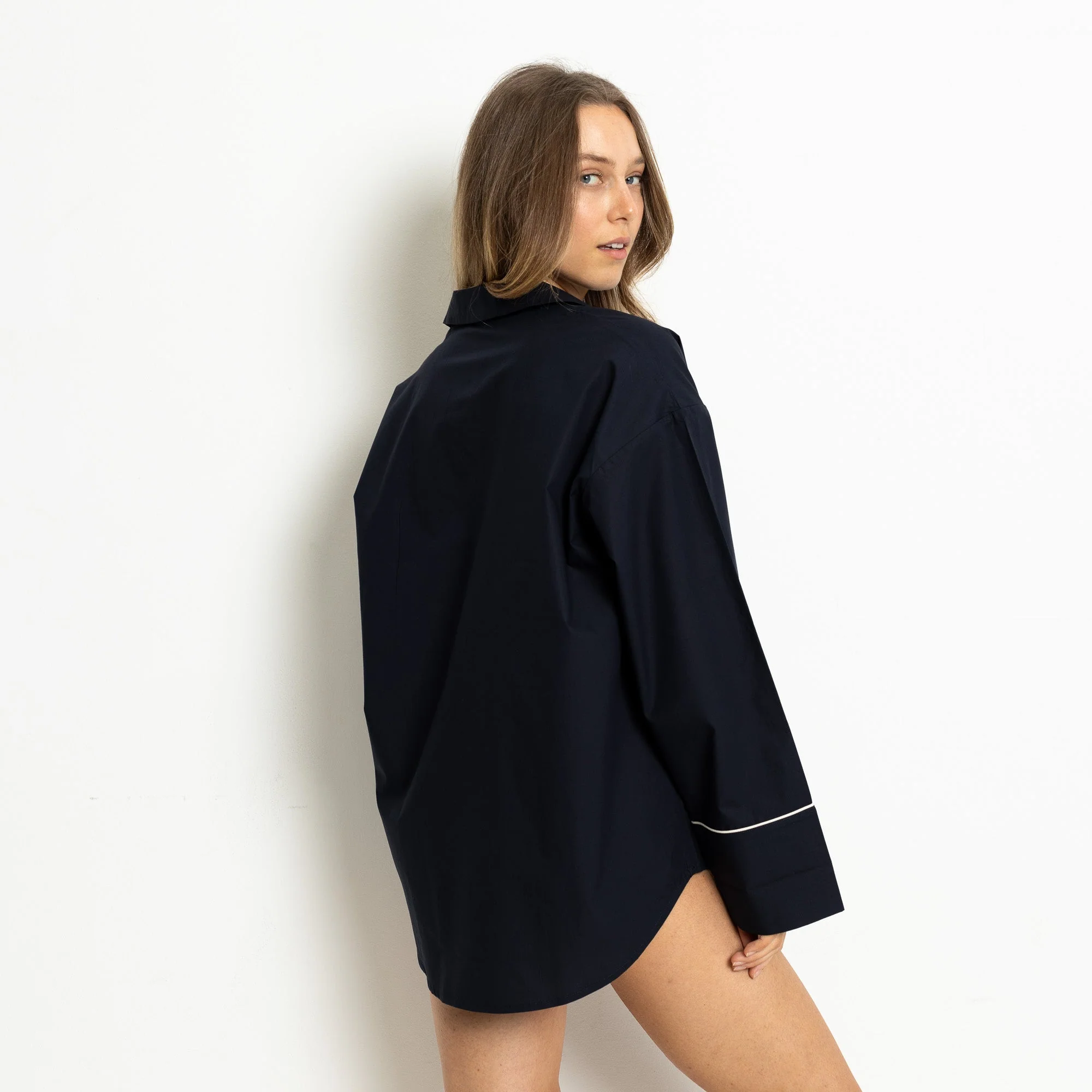Pyjama Shirt long sleeve - solid navy - Image 4