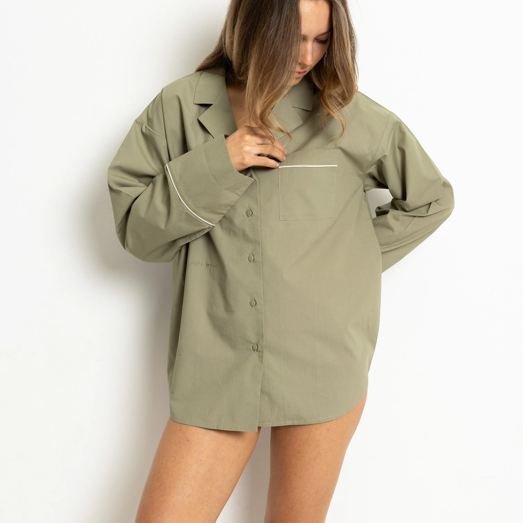 Pyjama Shirt long sleeve - solid pale olive - Image 5