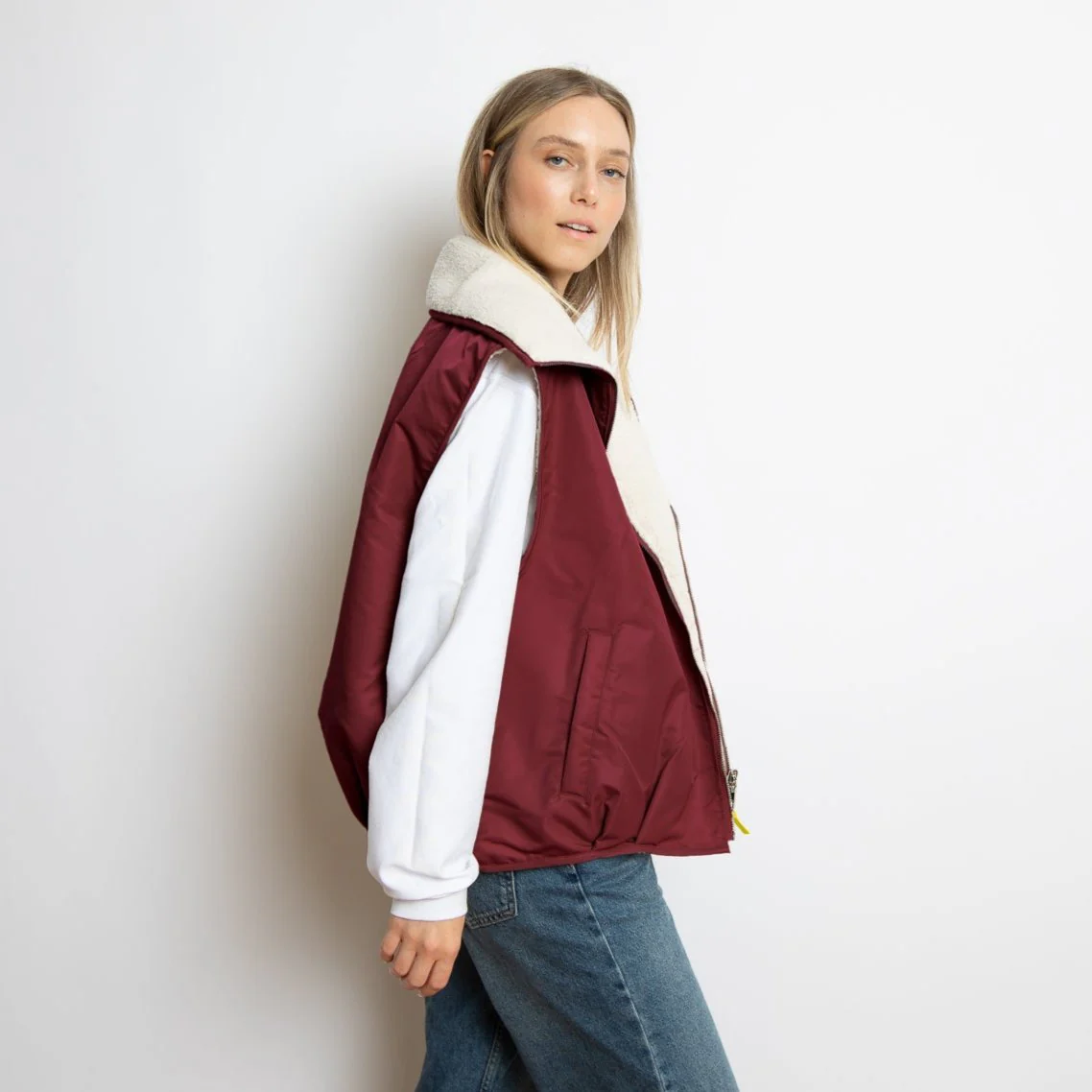 Reversible Bomber Vest - wine red/sand - Image 5