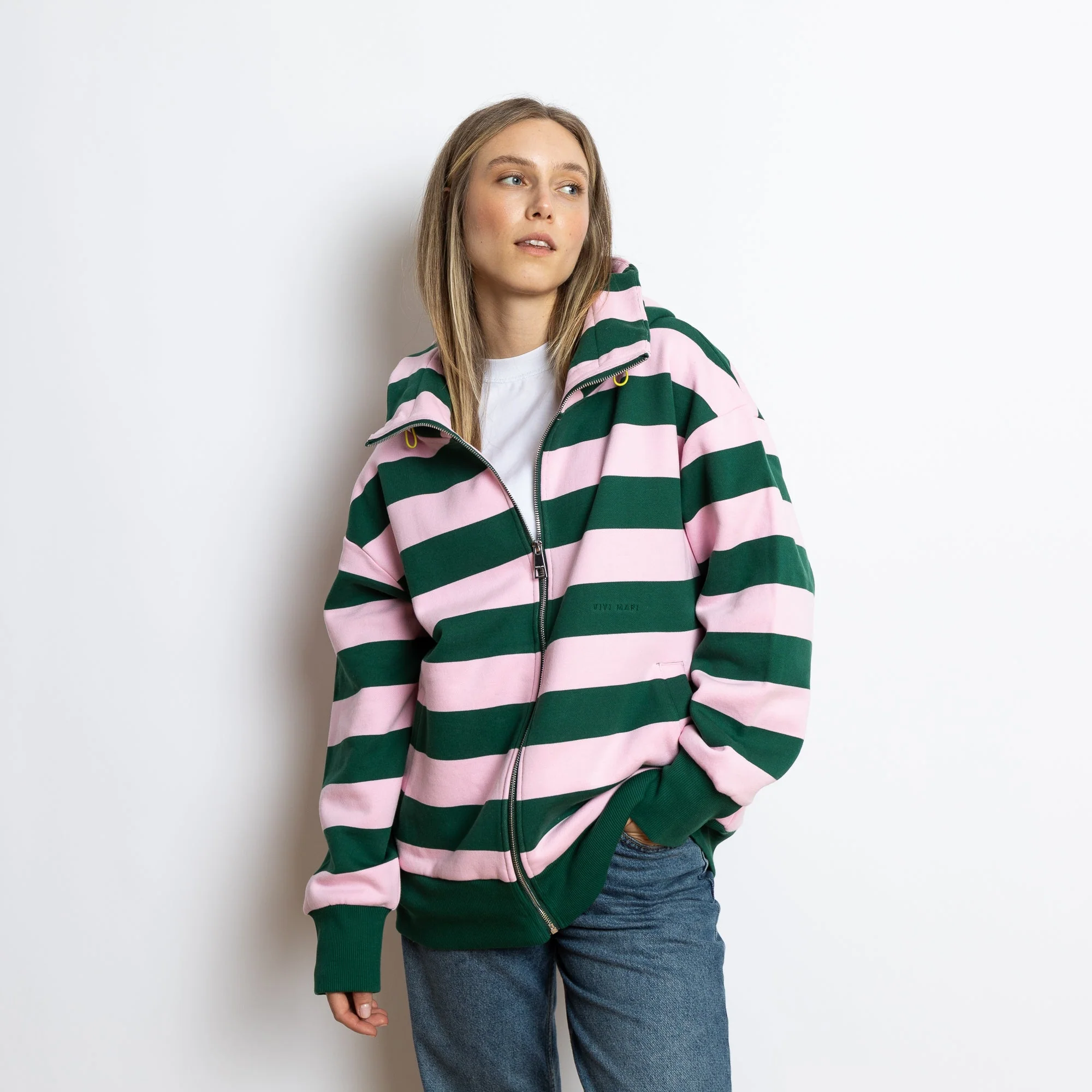 Sweat Jacket hoodie - bold stripes green/rosé - Image 6