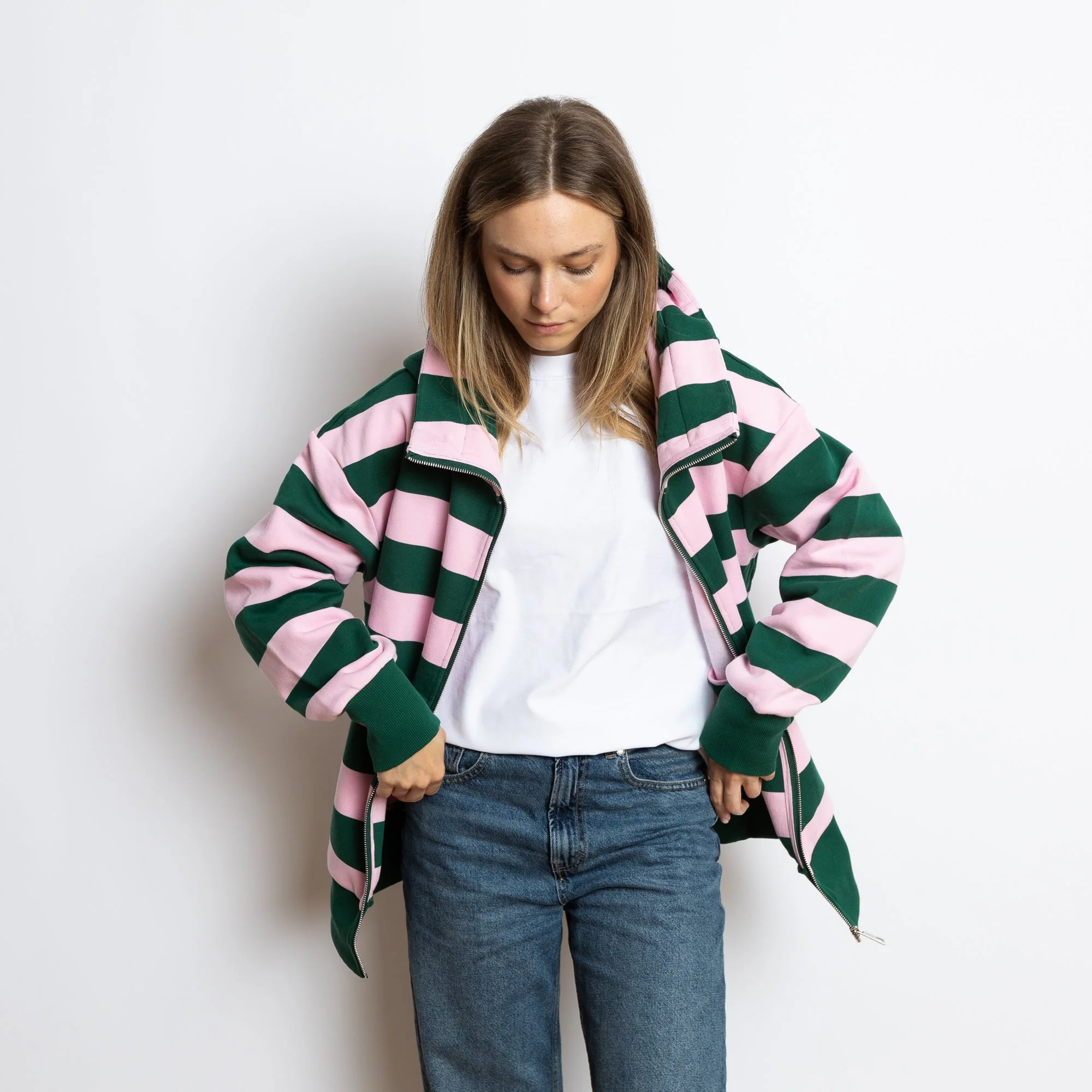 Sweat Jacket hoodie - bold stripes green/rosé - Image 7