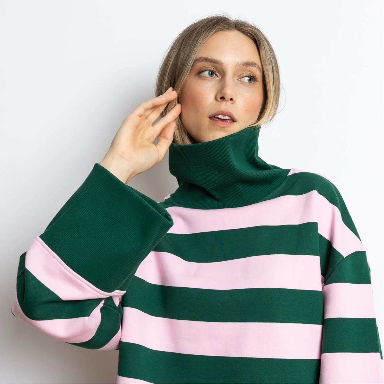 Sweatshirt turtle neck - bold stripes green/rosé - Image 3