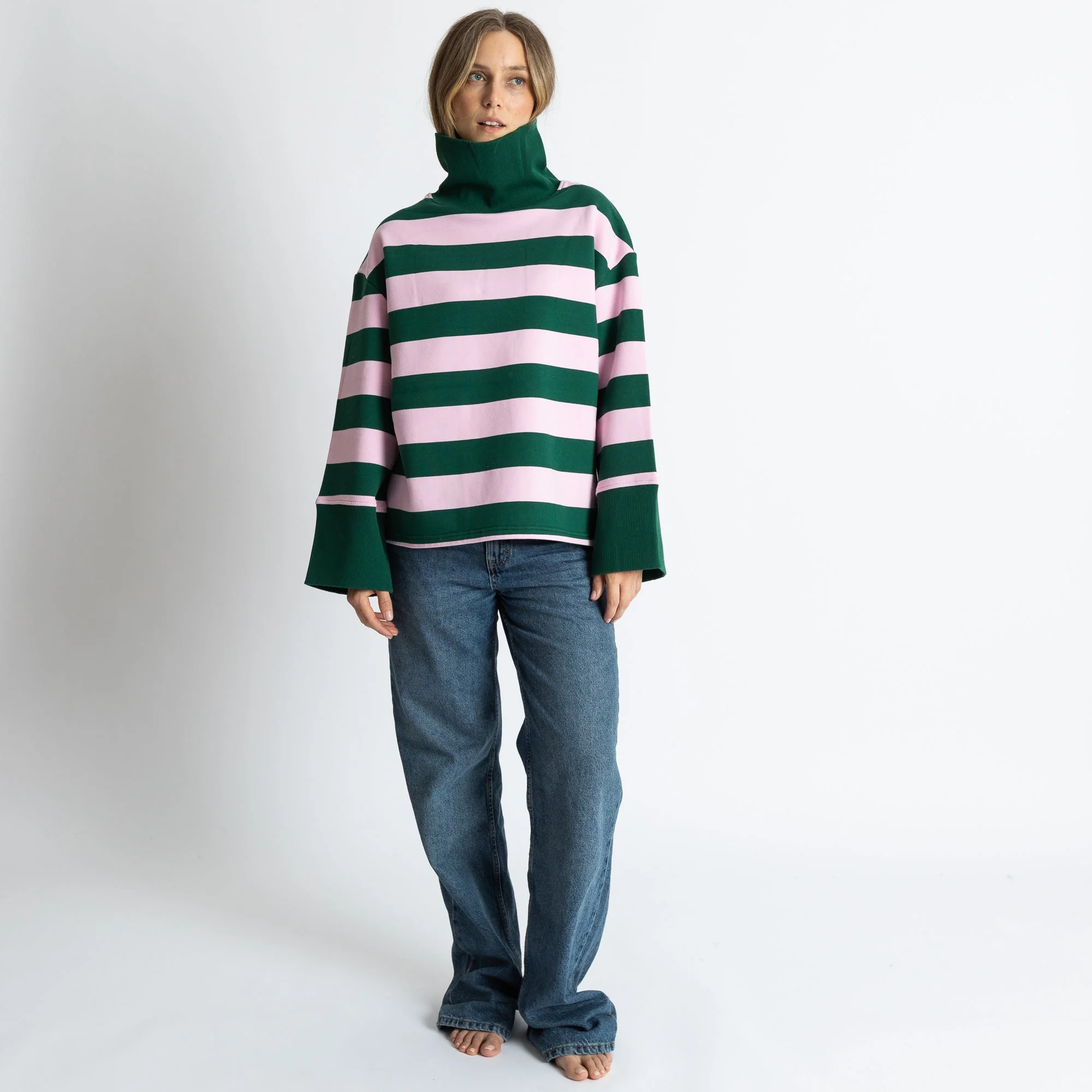 Sweatshirt turtle neck - bold stripes green/rosé - Image 4
