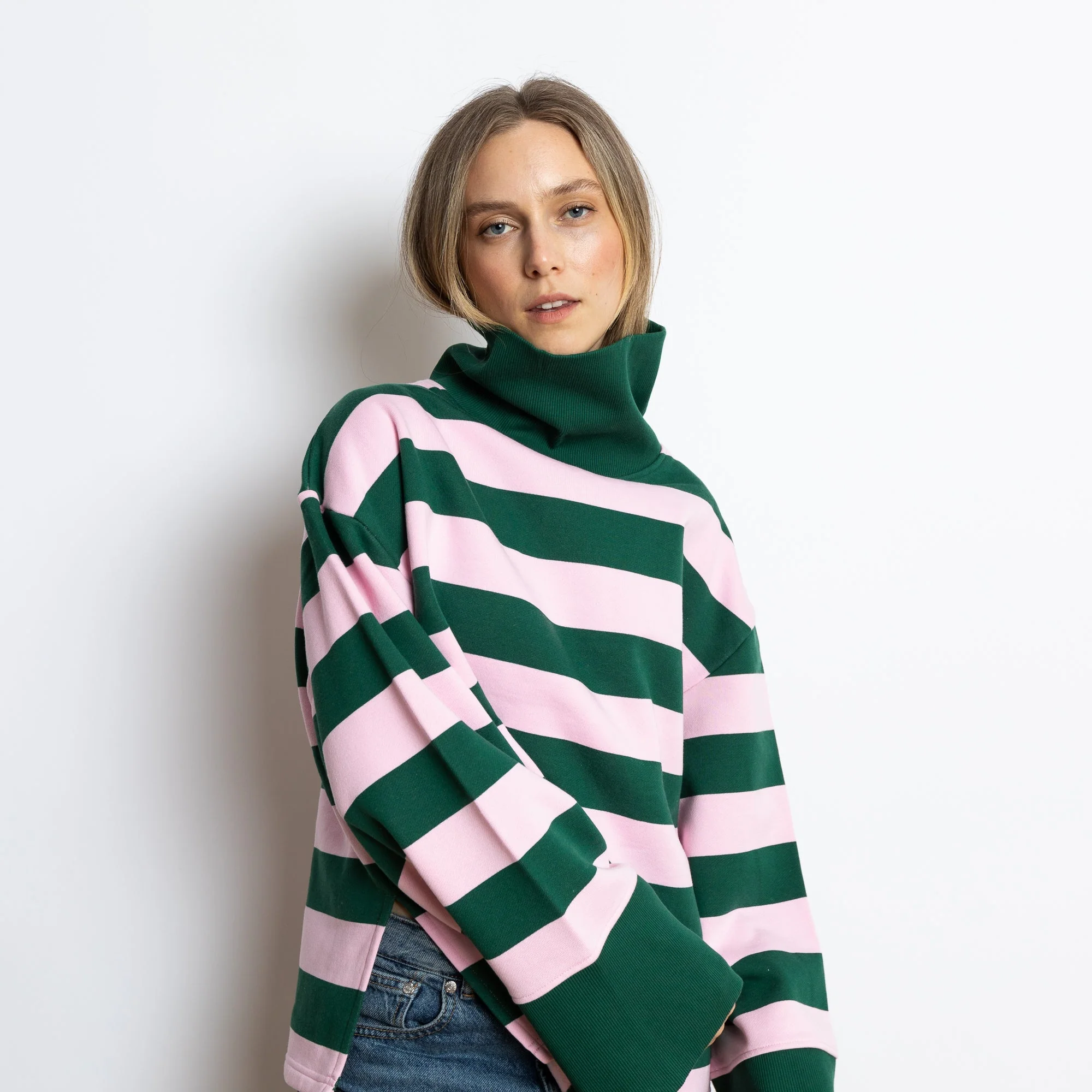 Sweatshirt turtle neck - bold stripes green/rosé - Image 5