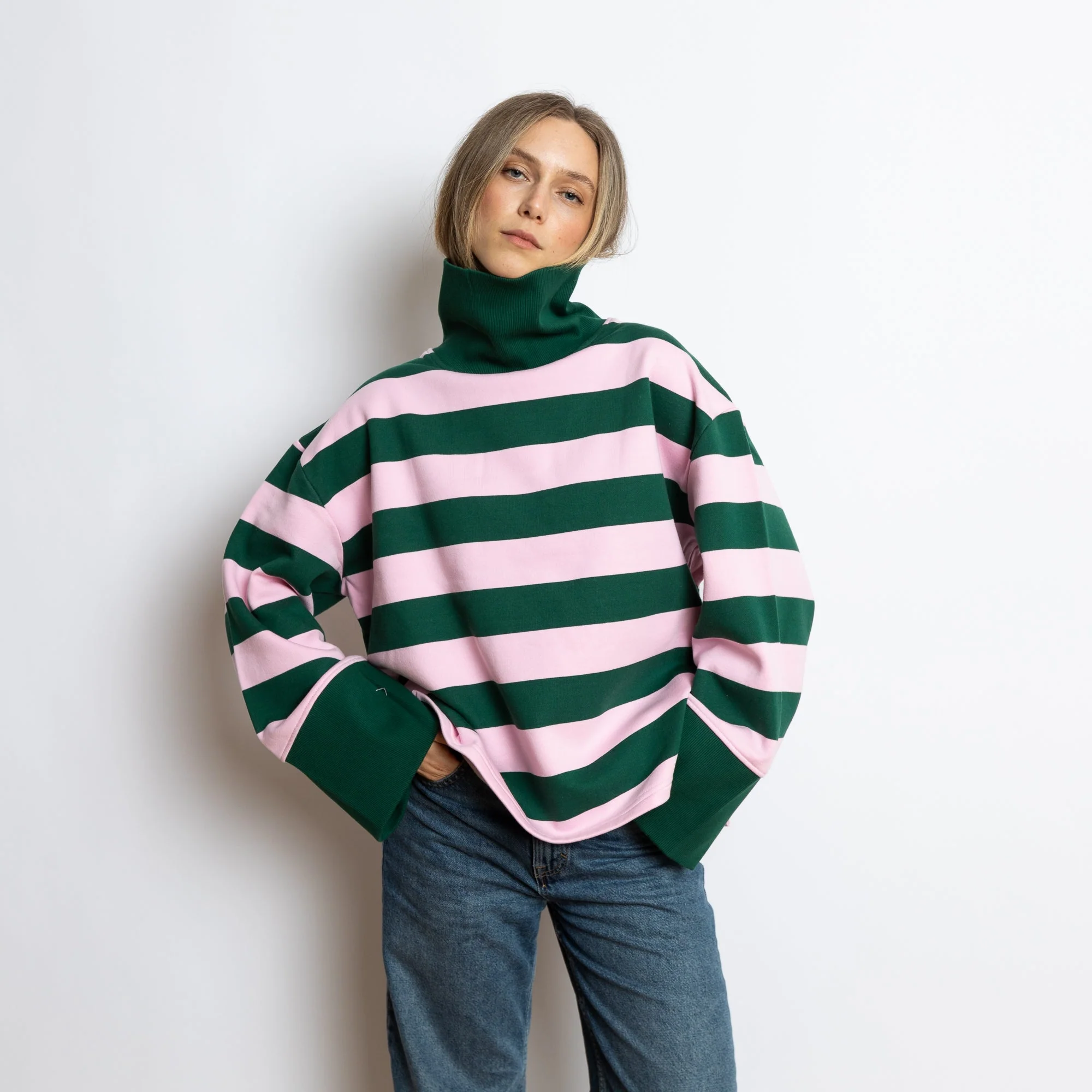 Sweatshirt turtle neck - bold stripes green/rosé - Image 8