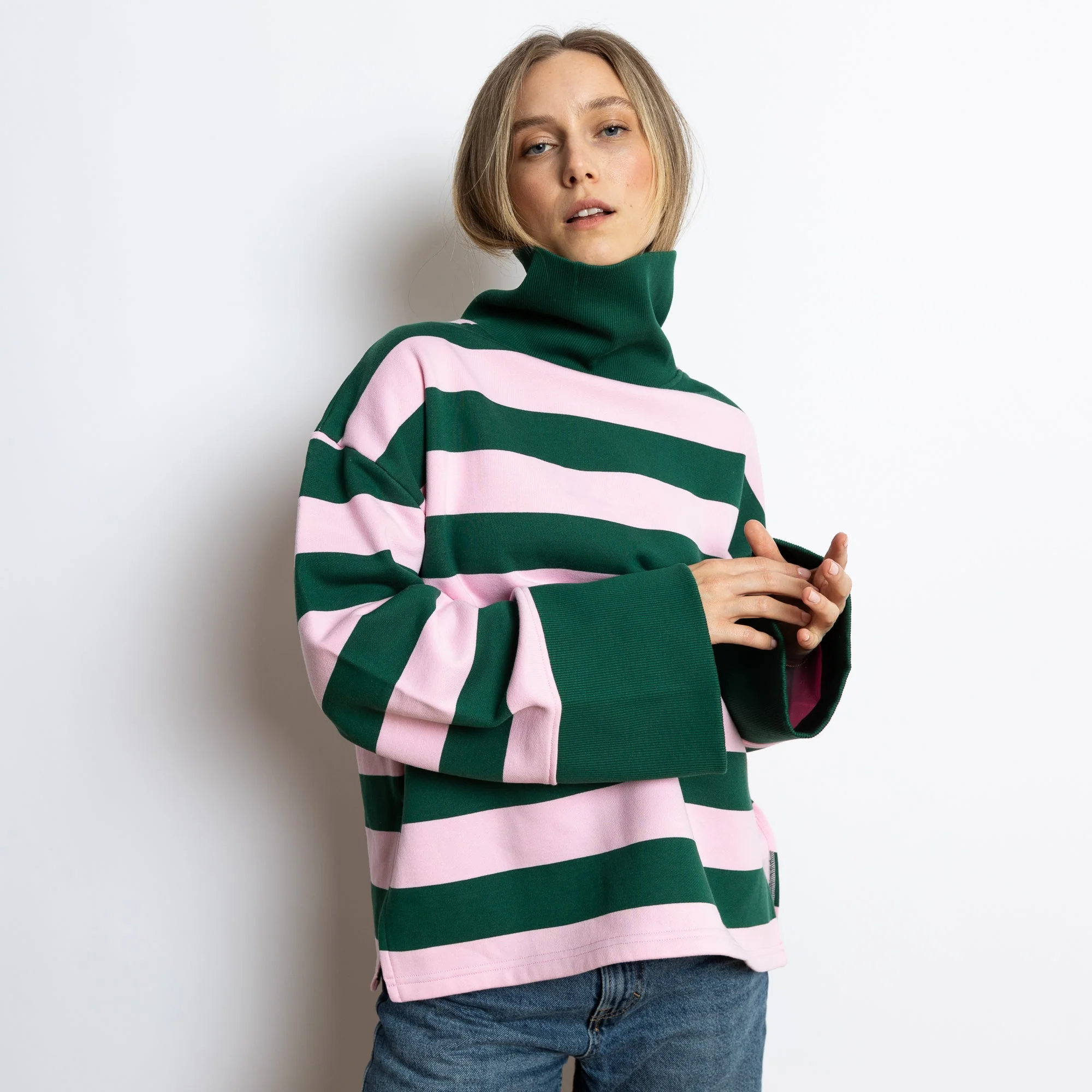 Sweatshirt turtle neck - bold stripes green/rosé - Image 9