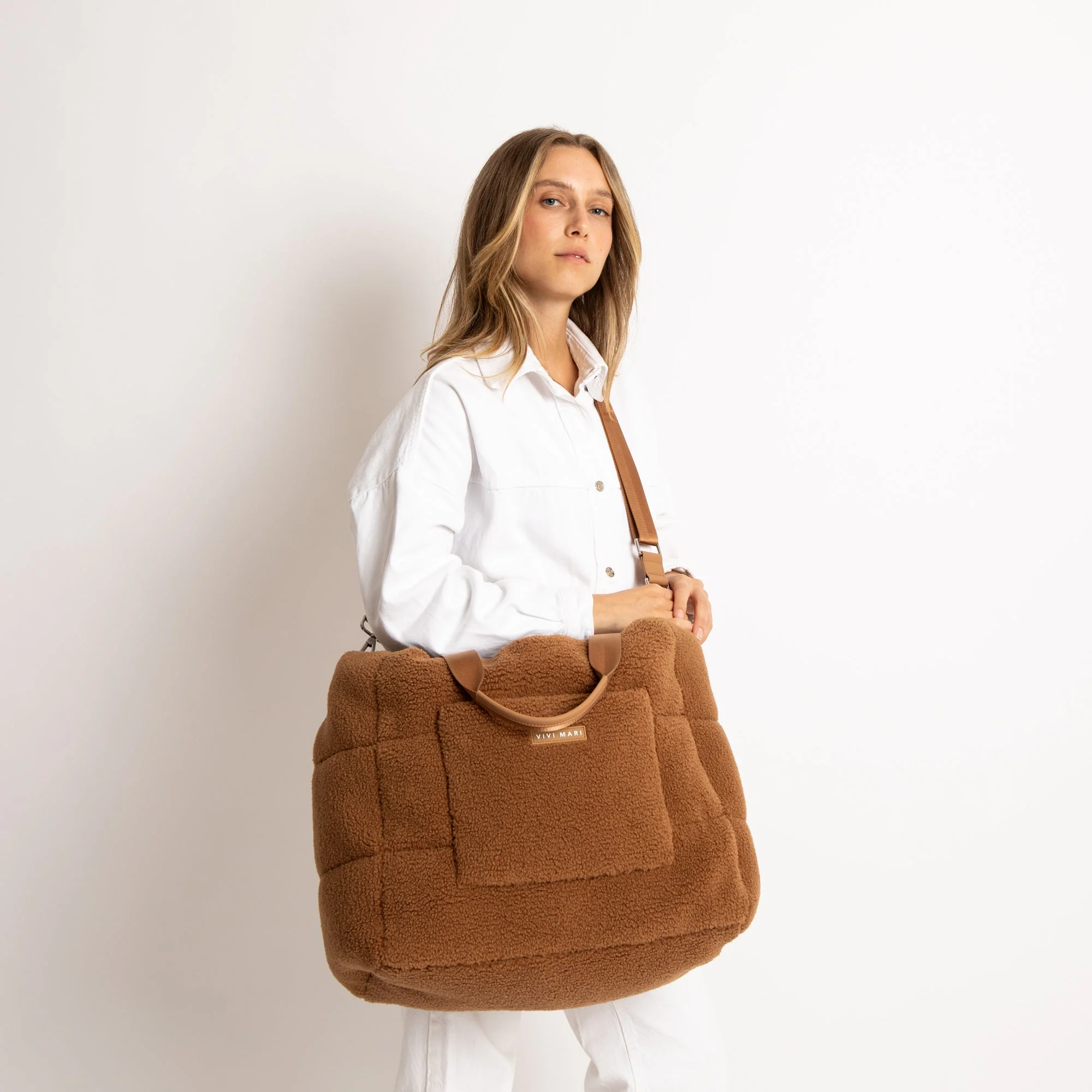Teddy Tote Bag large + strap basic woven slim - caramel - Image 5