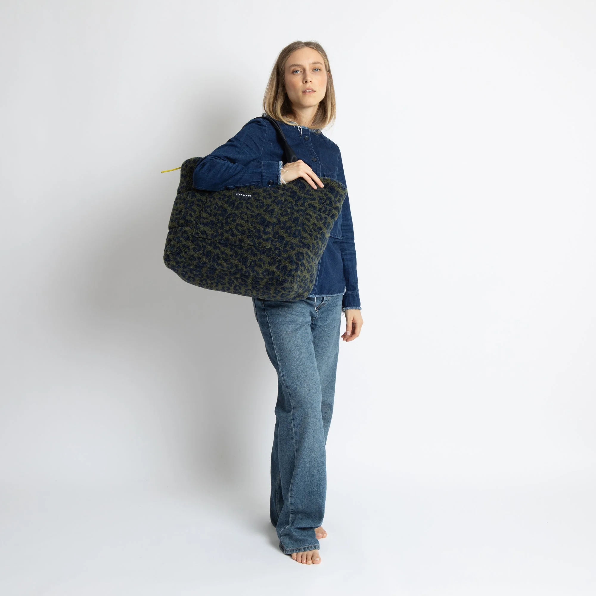 Teddy Tote Bag large + strap basic woven slim - leo splashes navy/olive - Image 13