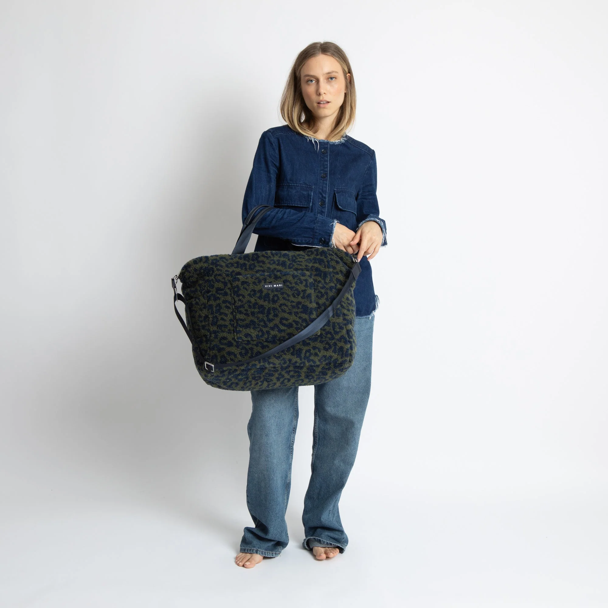 Teddy Tote Bag large + strap basic woven slim - leo splashes navy/olive - Image 2