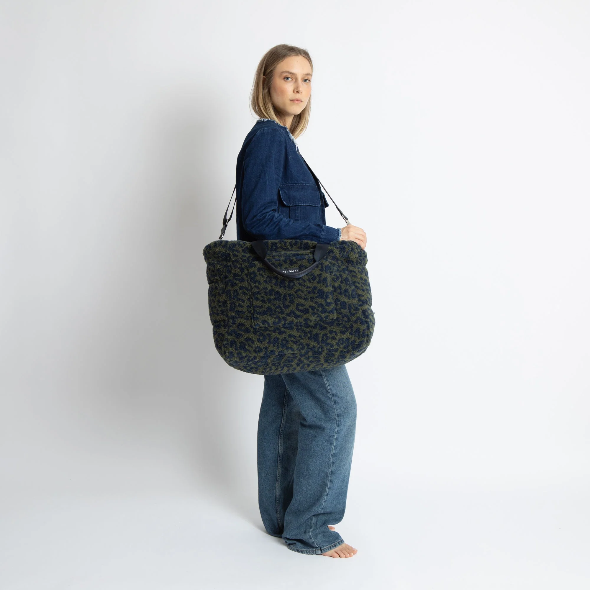 Teddy Tote Bag large + strap basic woven slim - leo splashes navy/olive - Image 4