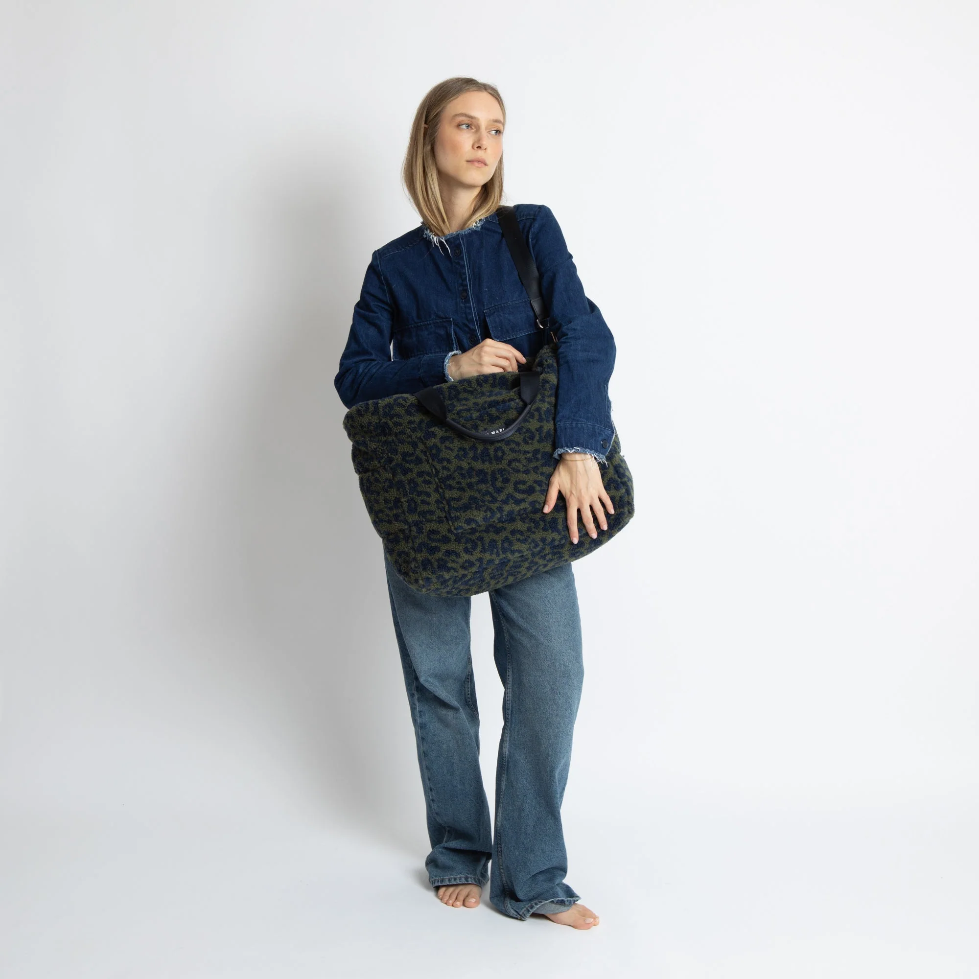 Teddy Tote Bag large + strap basic woven slim - leo splashes navy/olive - Image 6