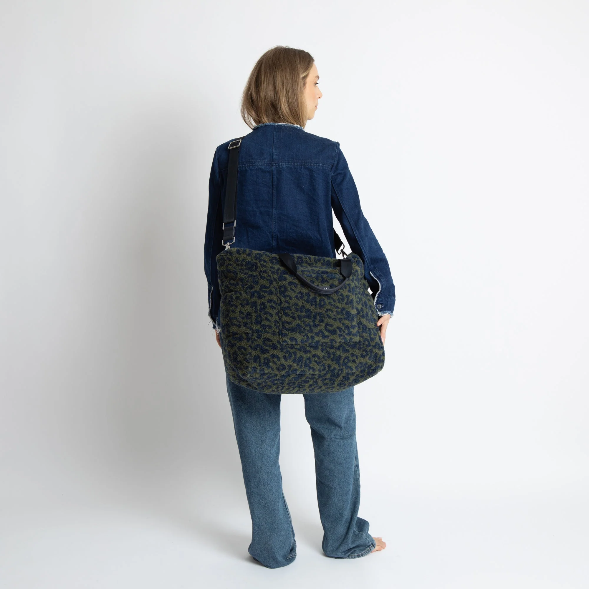 Teddy Tote Bag large + strap basic woven slim - leo splashes navy/olive - Image 9