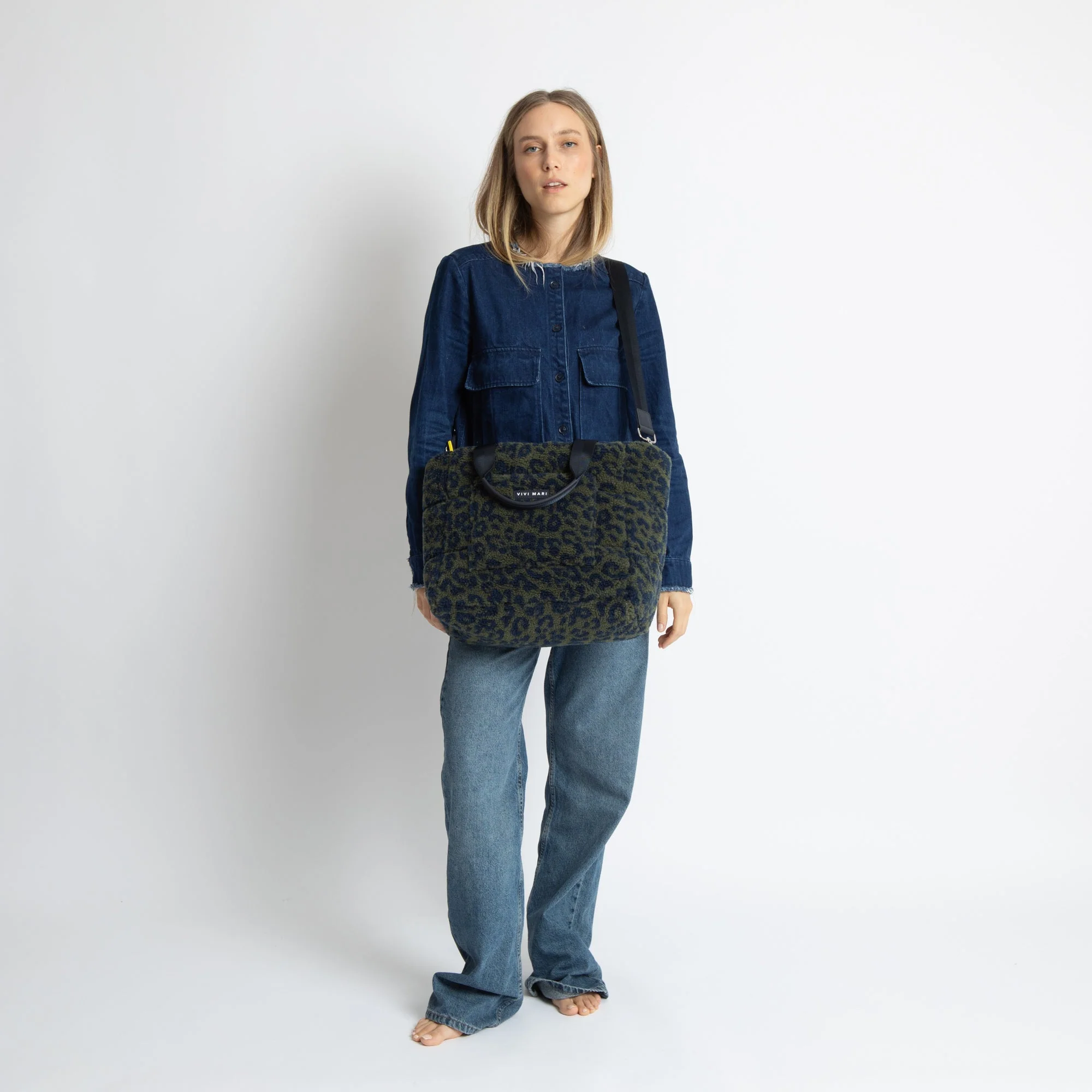 Teddy Tote Bag medium + strap basic woven slim - leo splashes navy/olive - Image 4