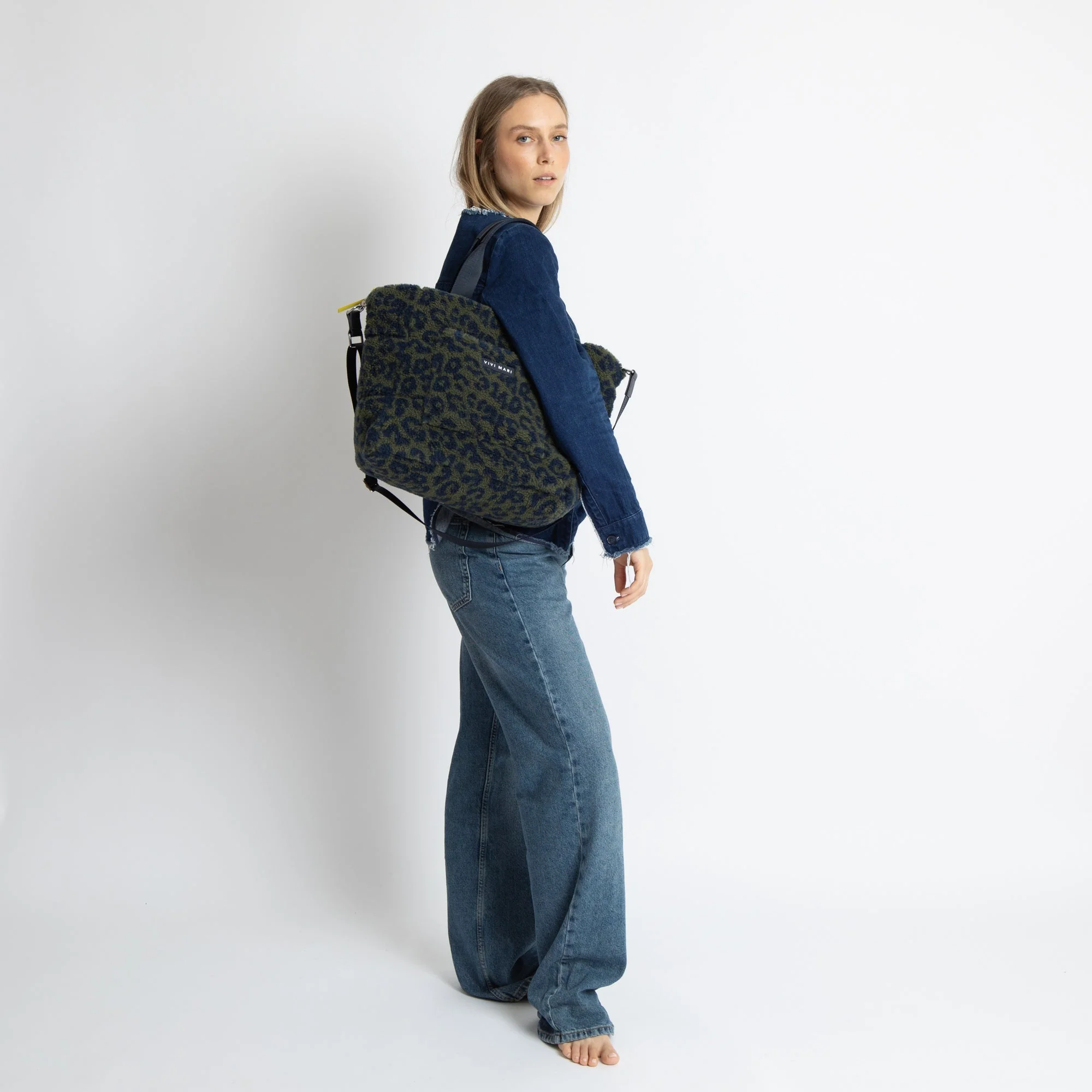 Teddy Tote Bag medium + strap basic woven slim - leo splashes navy/olive - Image 5