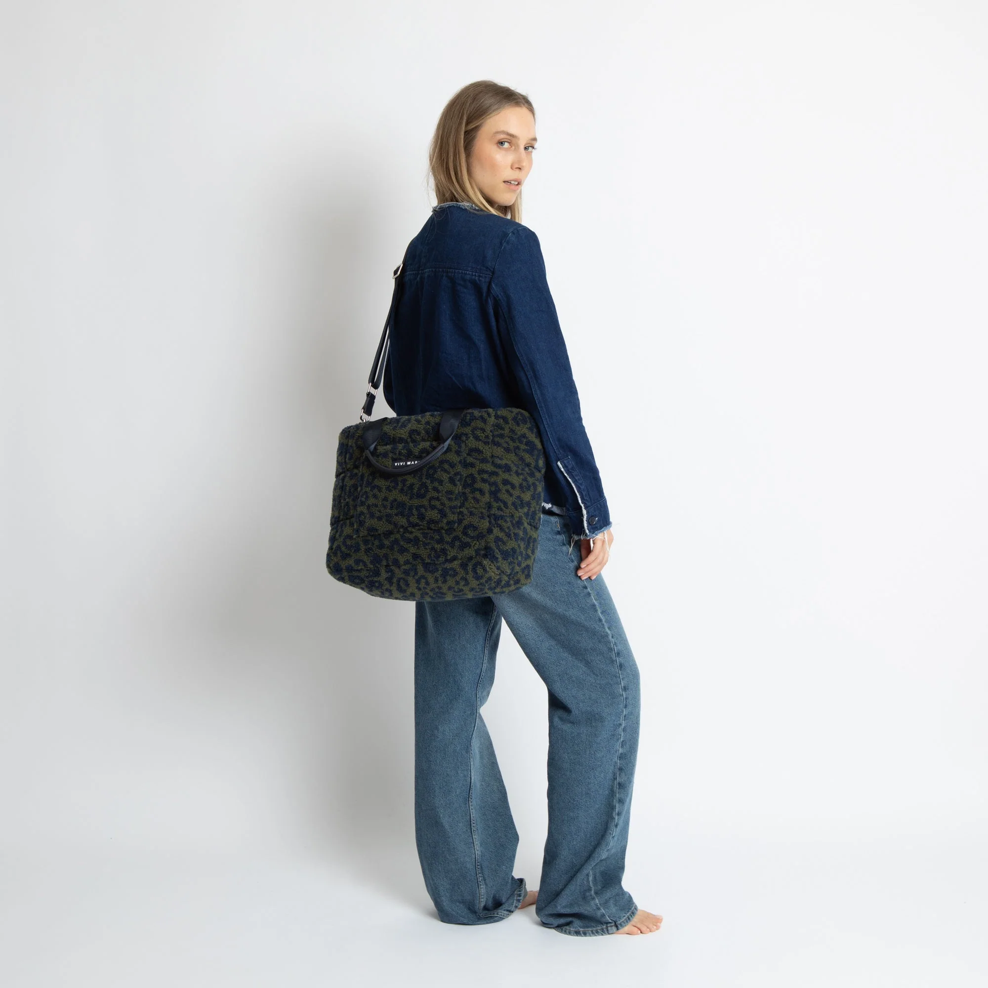 Teddy Tote Bag medium + strap basic woven slim - leo splashes navy/olive - Image 9