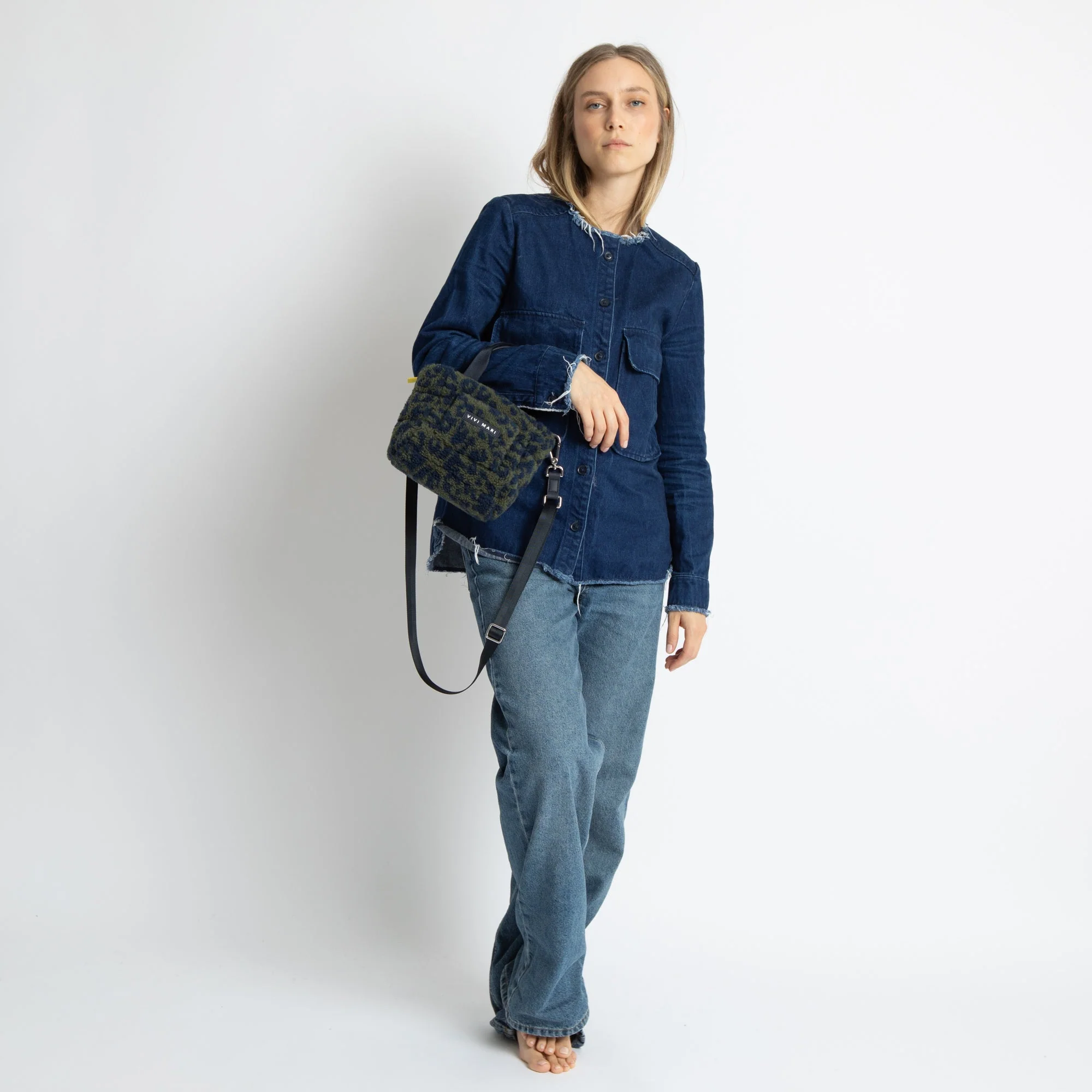 Teddy Tote Bag mini + strap basic woven slim - leo splashes navy/olive - Image 14