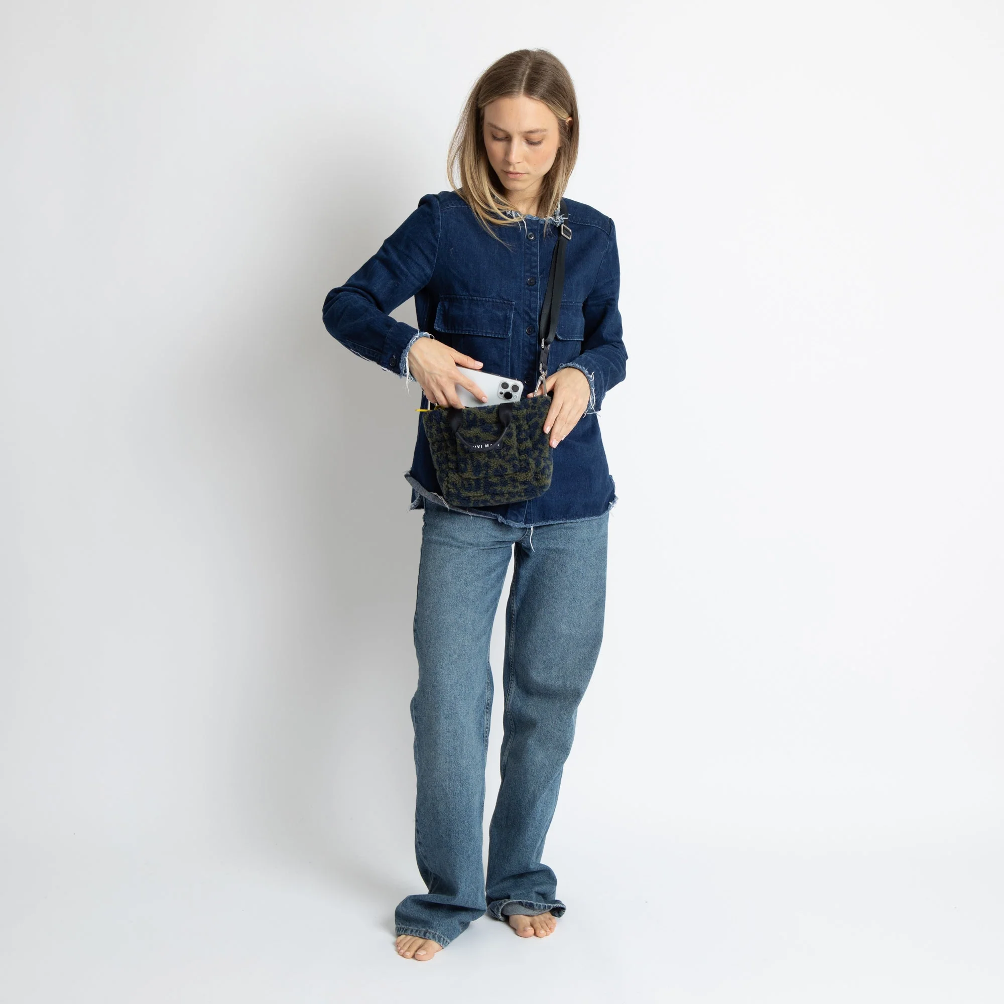 Teddy Tote Bag mini + strap basic woven slim - leo splashes navy/olive - Image 4