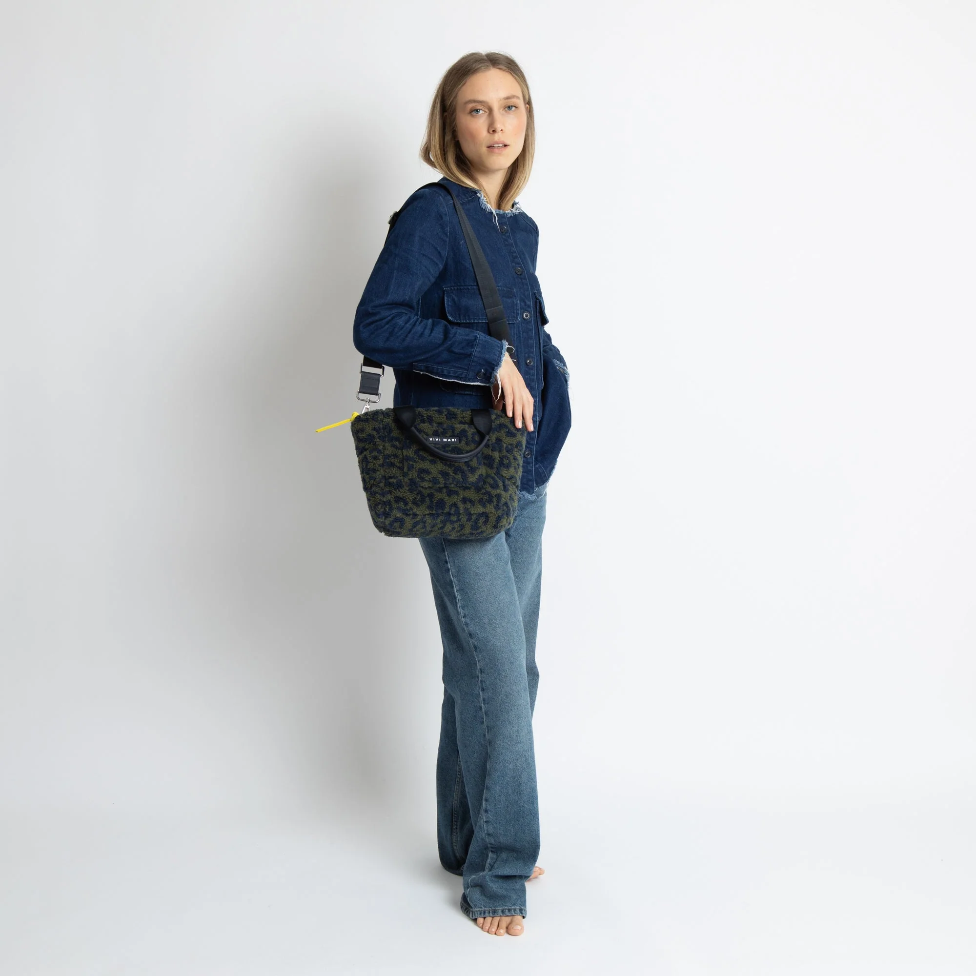 Teddy Tote Bag small + strap basic woven slim - leo splashes navy/olive - Image 4