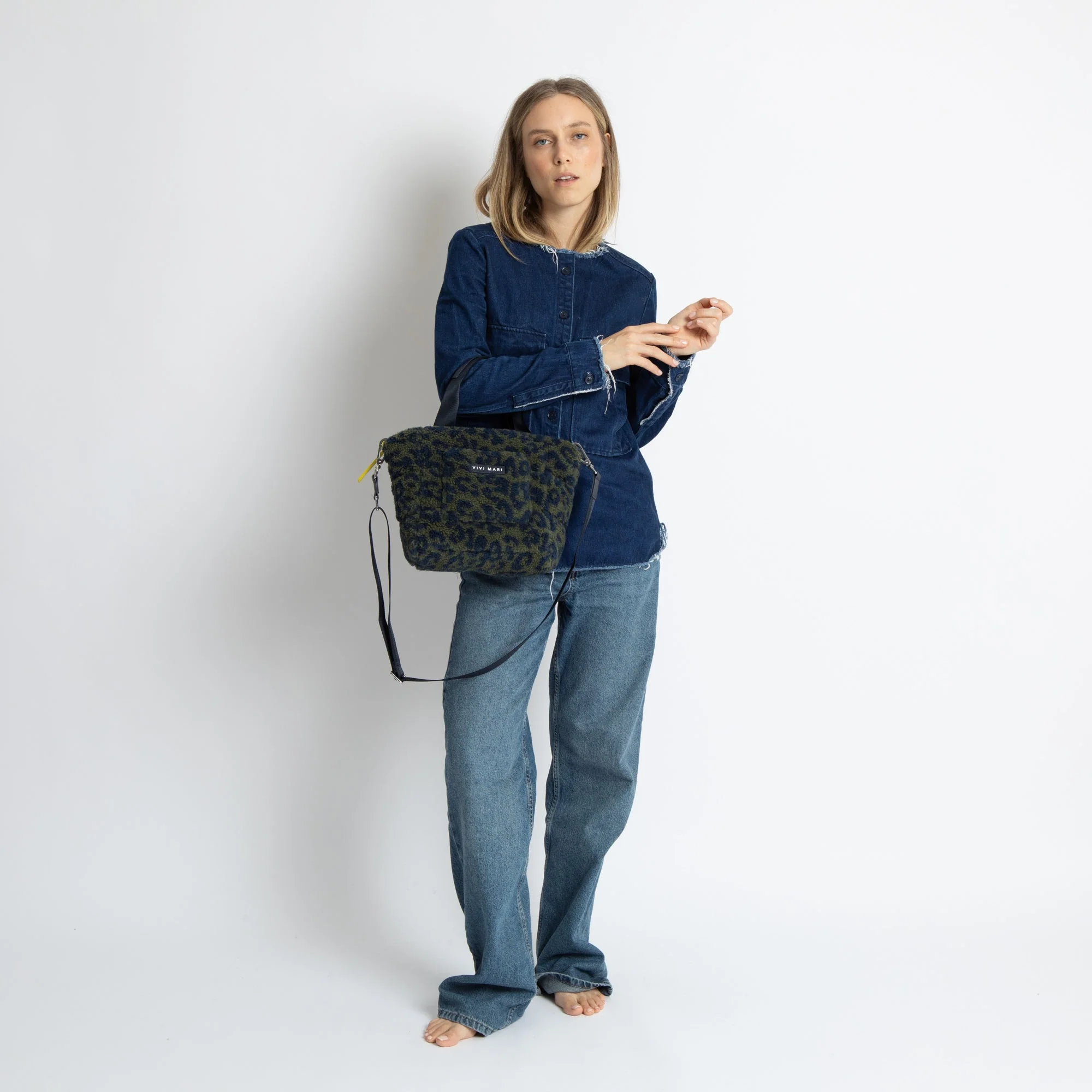 Teddy Tote Bag small + strap basic woven slim - leo splashes navy/olive - Image 7