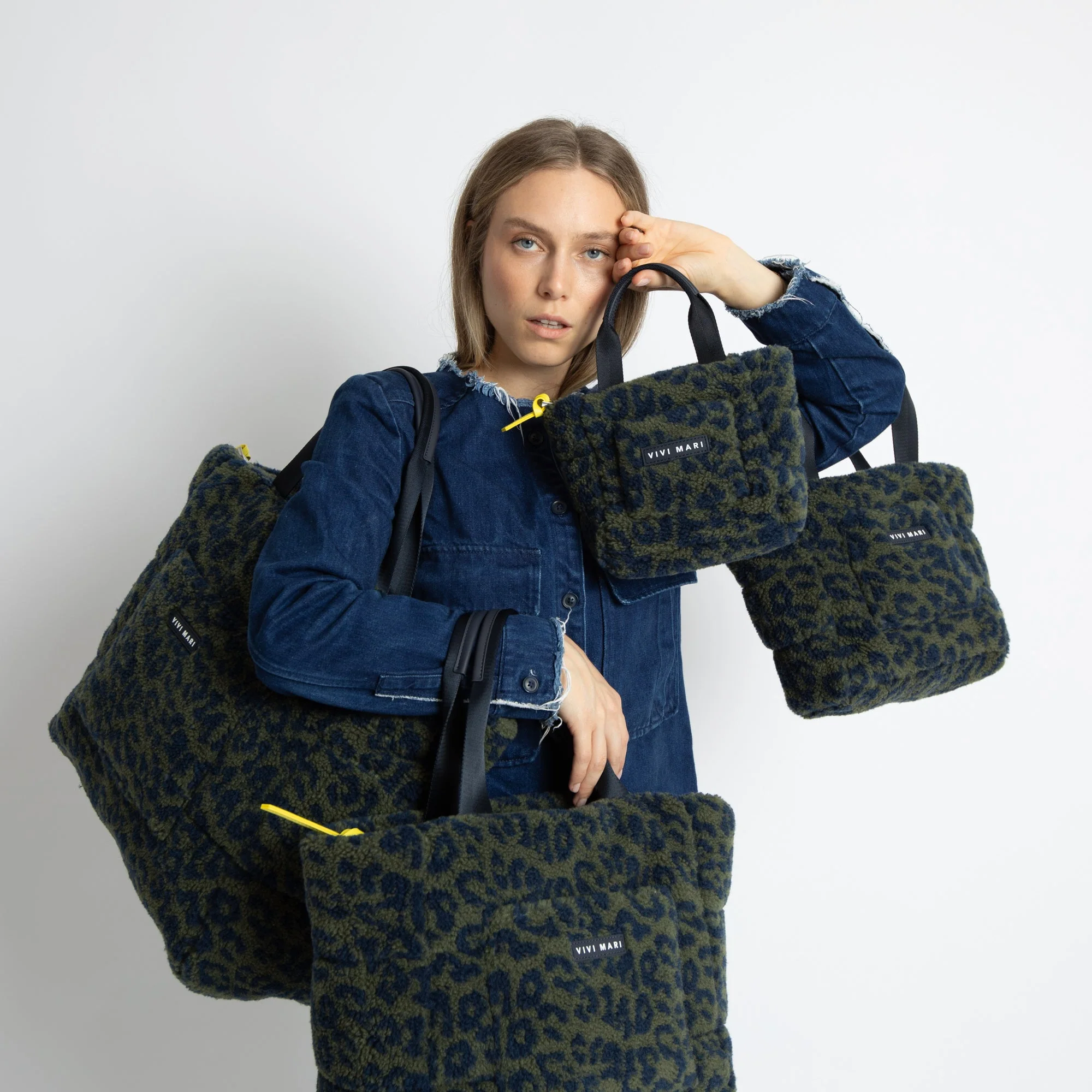 Teddy Tote Bag small + strap basic woven slim - leo splashes navy/olive - Image 8
