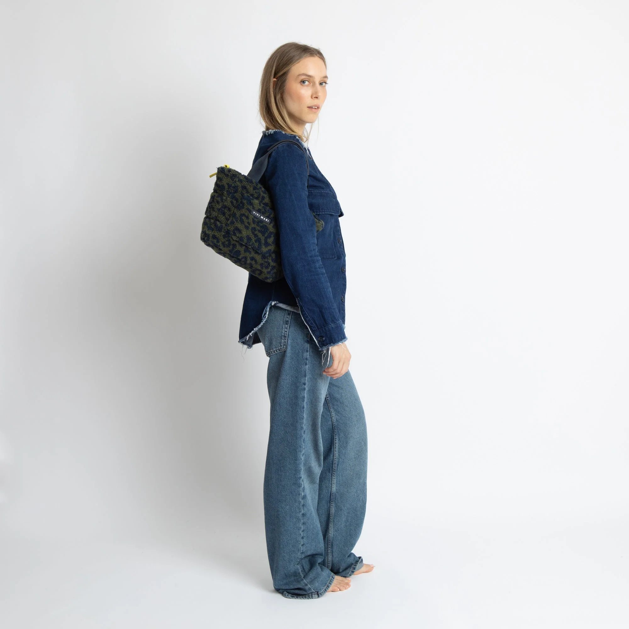 Teddy Tote Bag small + strap basic woven slim - leo splashes navy/olive - Image 9